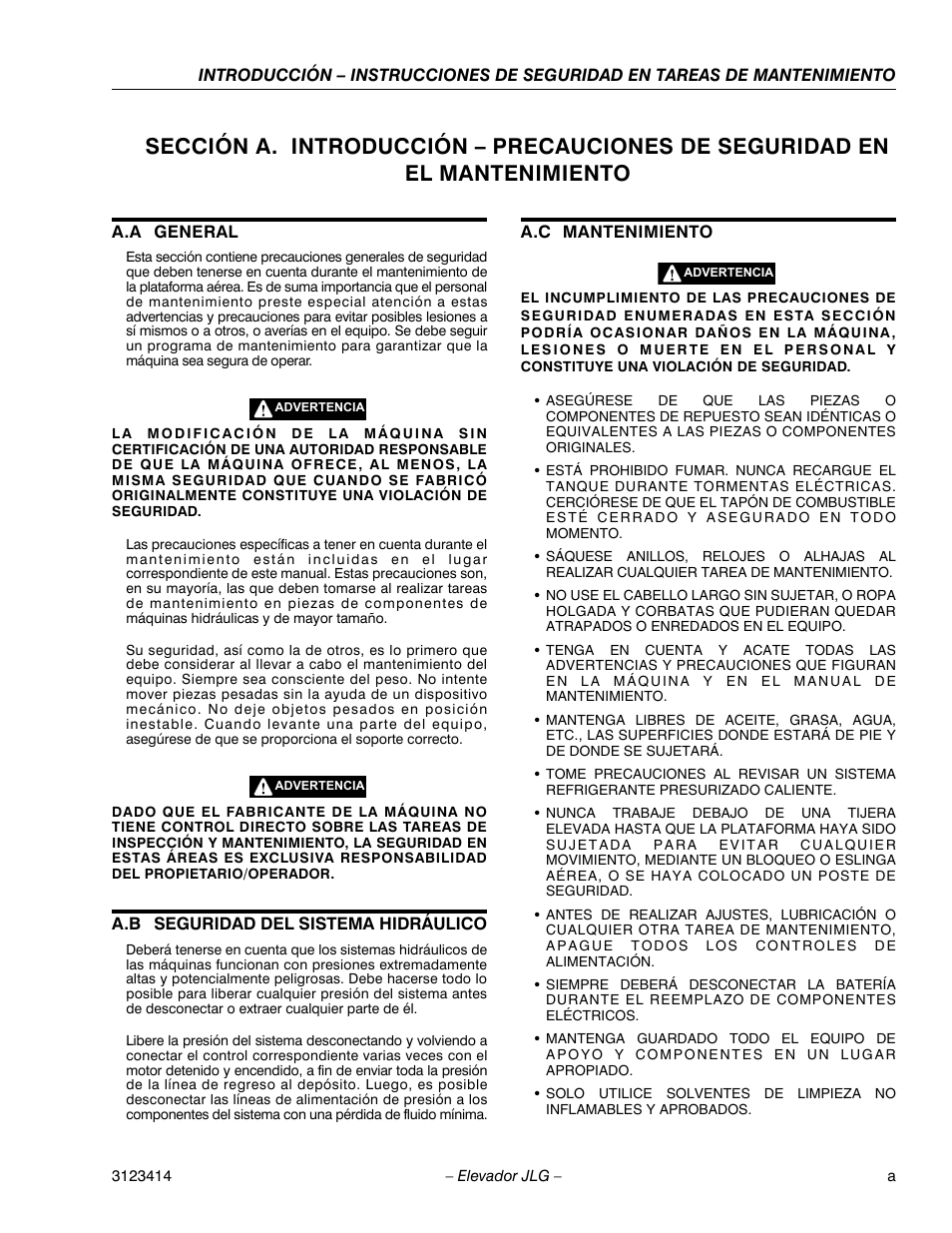 2heading - a.a general, 2heading - a.b seguridad del sistema hidráulico, 2heading - a.c mantenimiento | JLG 3246ES Service Manual User Manual | Page 3 / 216