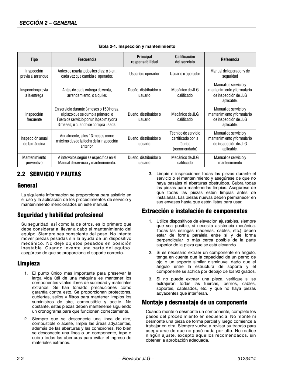 Tabletitle - tabla 2-1. inspección y mantenimiento, Cellcenter - inspección, Cellcenter - previa al arranque | Cellcenter - inspección previa a la entrega, Cellcenter - frecuente, Cellcenter - inspección anual de la máquina, Cellcenter - mantenimiento preventivo, 2heading - 2.2 servicio y pautas, 3heading - general, 3heading - seguridad y habilidad profesional | JLG 3246ES Service Manual User Manual | Page 30 / 216