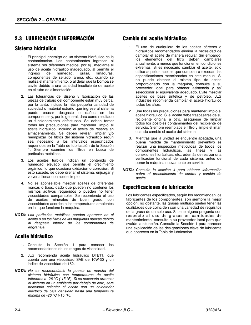 2heading - 2.3 lubricación e información, 3heading - sistema hidráulico, 3heading - aceite hidráulico | 3heading - cambio del aceite hidráulico, 3heading - especificaciones de lubricación, 3 lubricación e información sistema hidráulico, Aceite hidráulico, Cambio del aceite hidráulico, Especificaciones de lubricación | JLG 3246ES Service Manual User Manual | Page 32 / 216