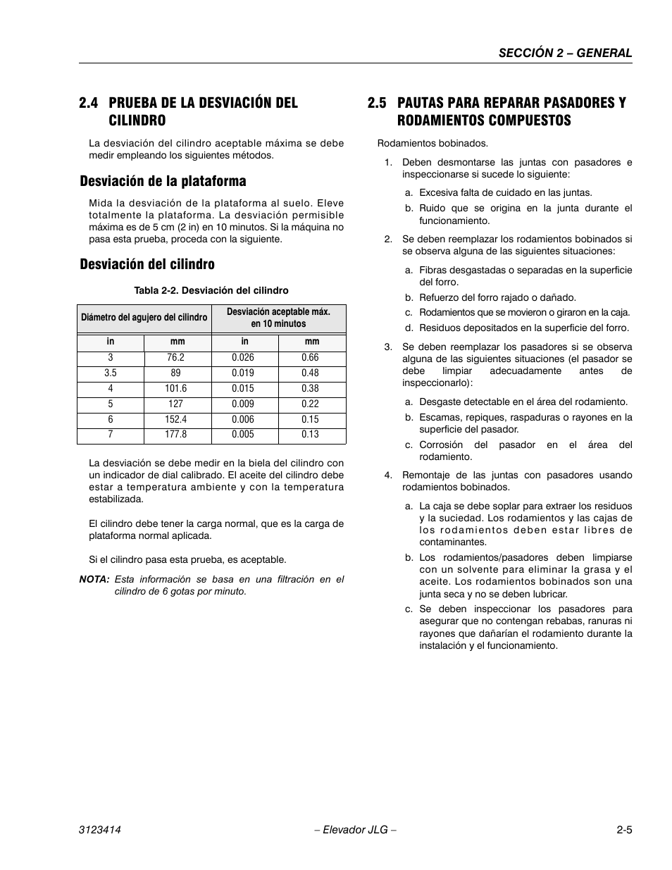 3heading - desviación de la plataforma, 3heading - desviación del cilindro, Tabletitle - tabla 2-2. desviación del cilindro | 4 prueba de la desviación del cilindro, Desviación de la plataforma, Desviación del cilindro | JLG 3246ES Service Manual User Manual | Page 33 / 216