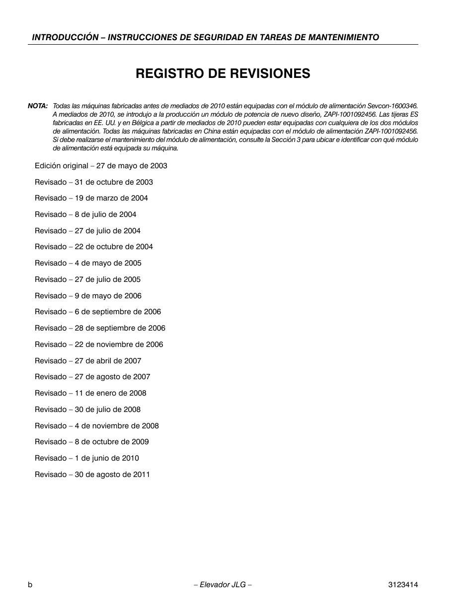 Registro de revisiones | JLG 3246ES Service Manual User Manual | Page 4 / 216