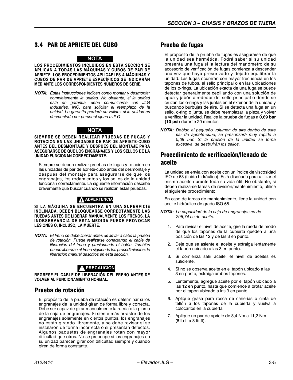 2heading - 3.4 par de apriete del cubo, 3heading - prueba de rotación, 3heading - prueba de fugas | 4 par de apriete del cubo, Prueba de rotación, Prueba de fugas, Procedimiento de verificación/llenado de aceite | JLG 3246ES Service Manual User Manual | Page 41 / 216