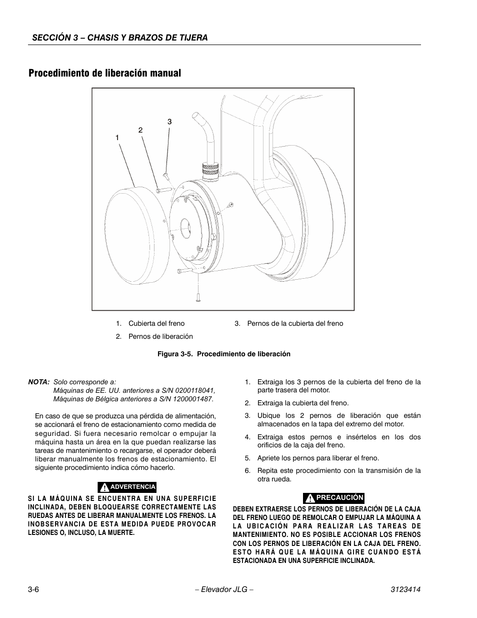3heading - procedimiento de liberación manual, Figureno - figura 3-5. procedimiento de liberación, Procedimiento de liberación manual | JLG 3246ES Service Manual User Manual | Page 42 / 216