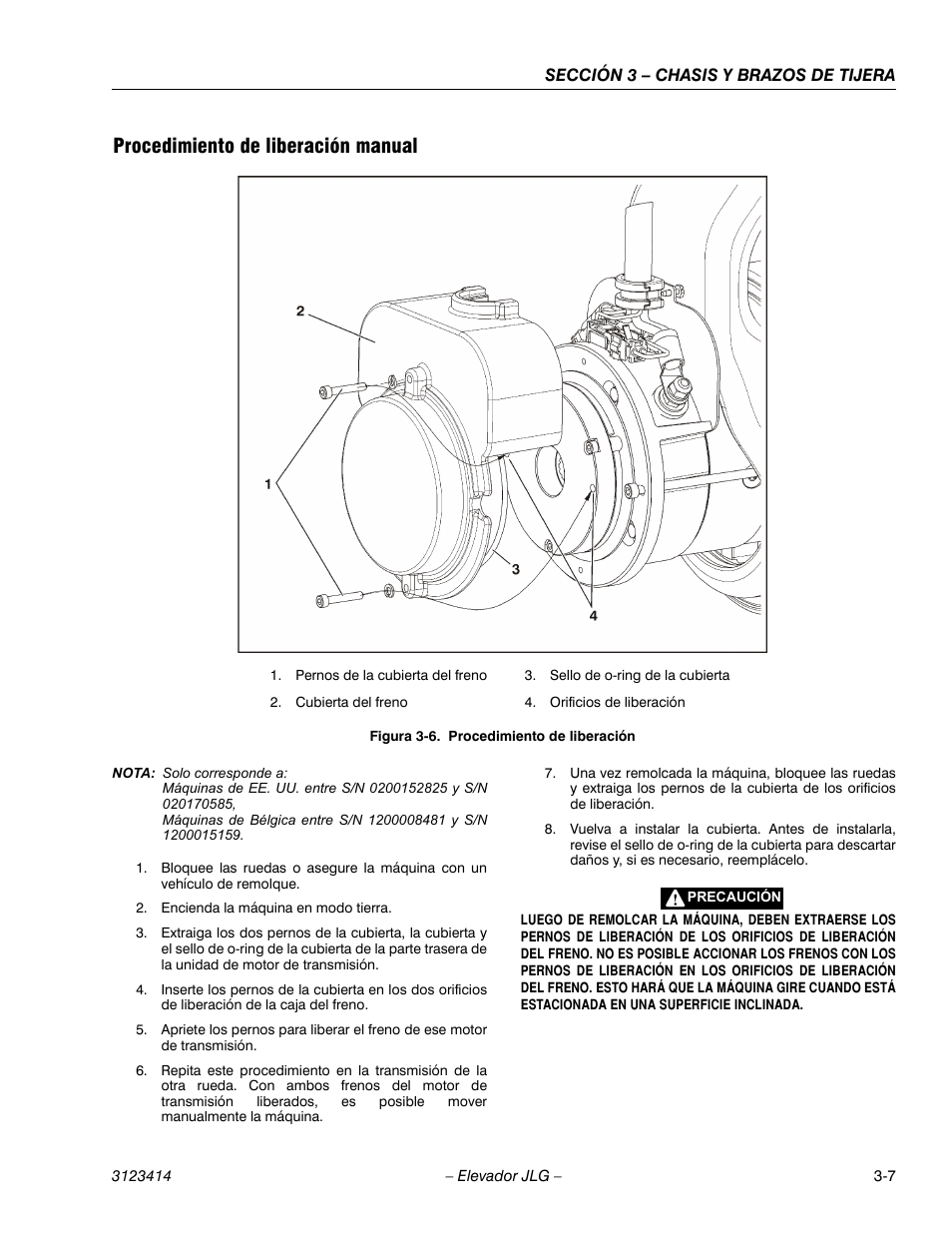 3heading - procedimiento de liberación manual, Figureno - figura 3-6. procedimiento de liberación, Procedimiento de liberación manual | JLG 3246ES Service Manual User Manual | Page 43 / 216