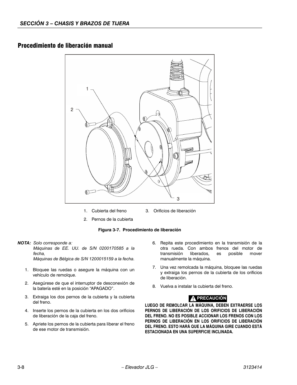 3heading - procedimiento de liberación manual, Figureno - figura 3-7. procedimiento de liberación, Procedimiento de liberación manual | JLG 3246ES Service Manual User Manual | Page 44 / 216