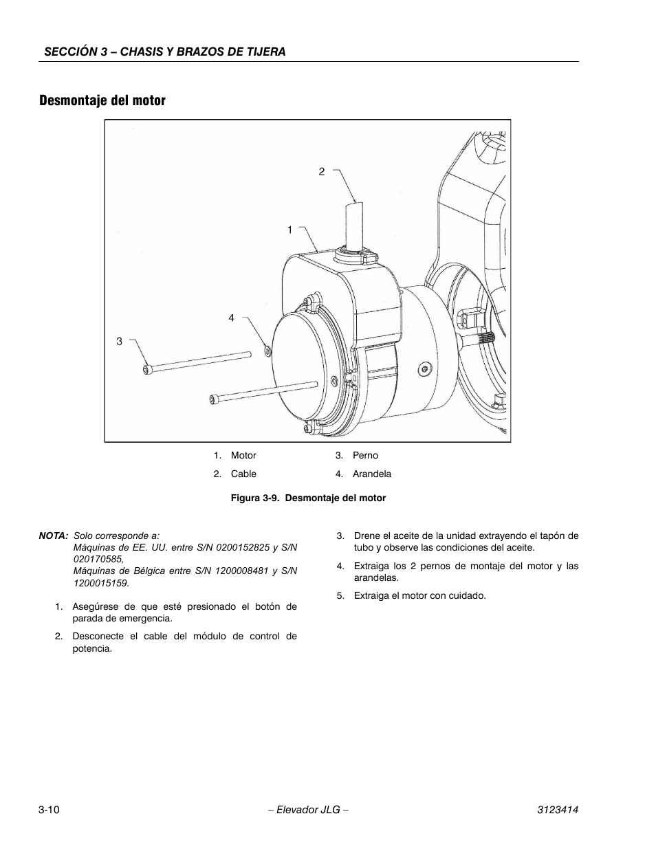 3heading - desmontaje del motor, Figureno - figura 3-9. desmontaje del motor, Desmontaje del motor | JLG 3246ES Service Manual User Manual | Page 46 / 216