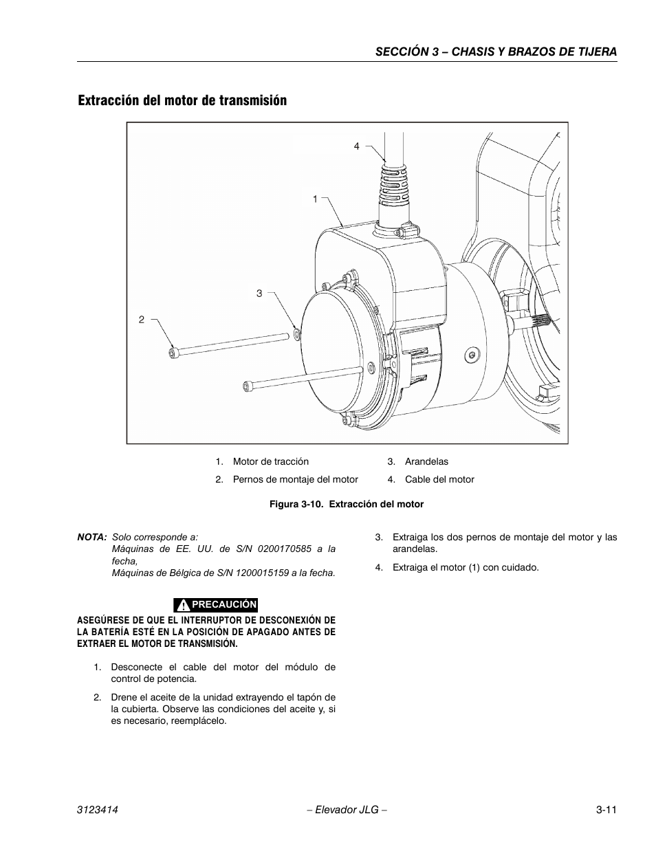 3heading - extracción del motor de transmisión, Figureno - figura 3-10. extracción del motor, Extracción del motor de transmisión | JLG 3246ES Service Manual User Manual | Page 47 / 216