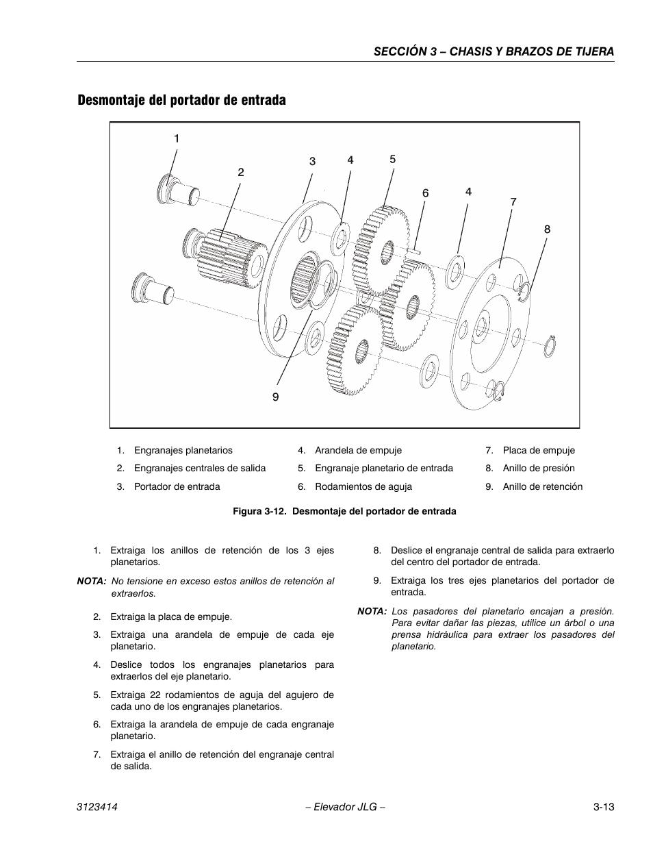 3heading - desmontaje del portador de entrada, Desmontaje del portador de entrada | JLG 3246ES Service Manual User Manual | Page 49 / 216