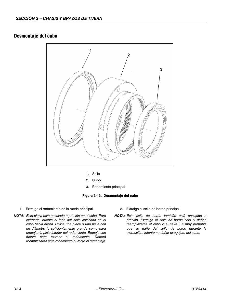 3heading - desmontaje del cubo, Figureno - figura 3-13. desmontaje del cubo, Desmontaje del cubo | JLG 3246ES Service Manual User Manual | Page 50 / 216