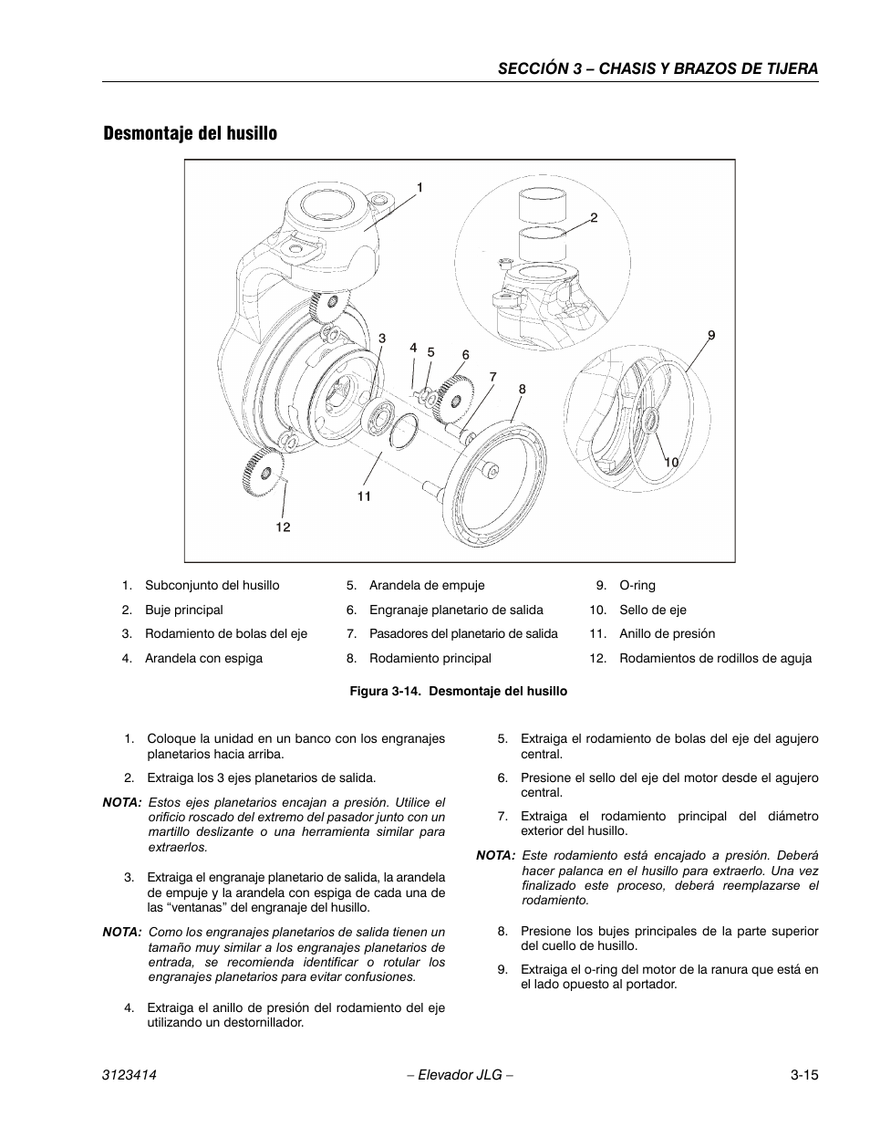 3heading - desmontaje del husillo, Figureno - figura 3-14. desmontaje del husillo, Desmontaje del husillo | JLG 3246ES Service Manual User Manual | Page 51 / 216