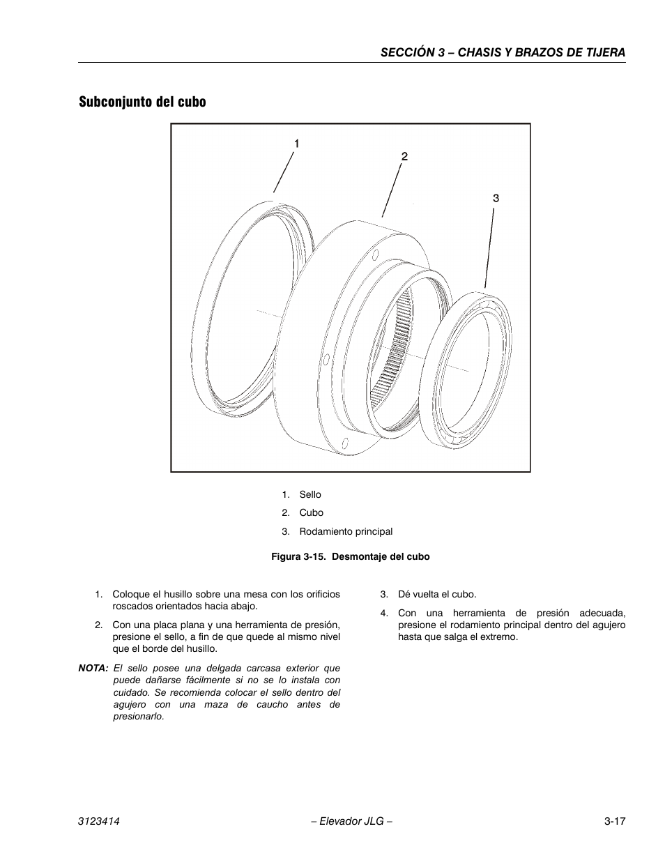 3heading - subconjunto del cubo, Figureno - figura 3-15. desmontaje del cubo, Subconjunto del cubo | JLG 3246ES Service Manual User Manual | Page 53 / 216