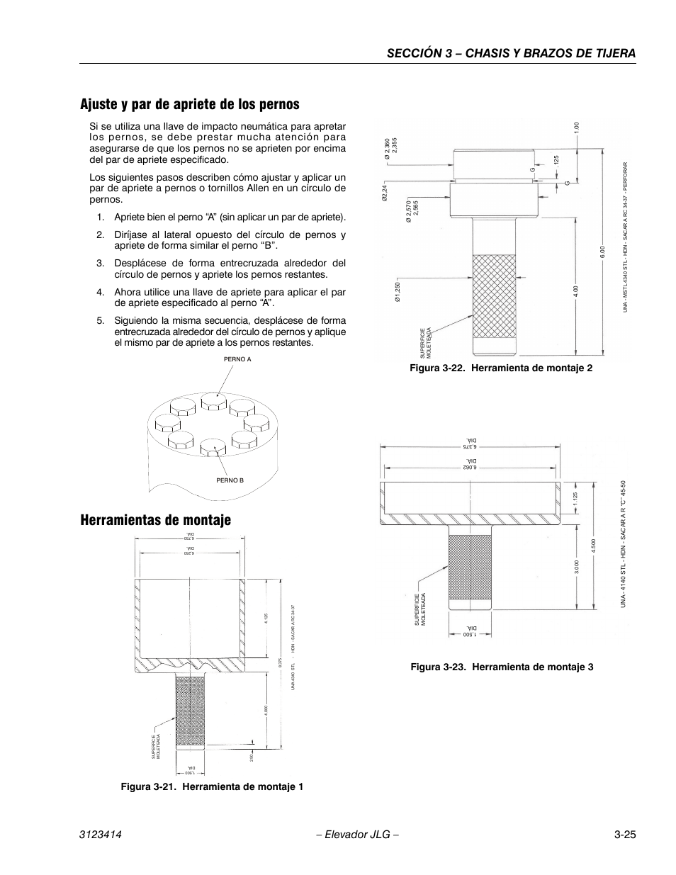 3heading - ajuste y par de apriete de los pernos, 3heading - herramientas de montaje, Figureno - figura 3-21. herramienta de montaje 1 | Figureno - figura 3-22. herramienta de montaje 2, Figureno - figura 3-23. herramienta de montaje 3, Ajuste y par de apriete de los pernos, Herramientas de montaje, Sección 3 – chasis y brazos de tijera, Figura 3-21. herramienta de montaje 1, Figura 3-22. herramienta de montaje 2 | JLG 3246ES Service Manual User Manual | Page 61 / 216