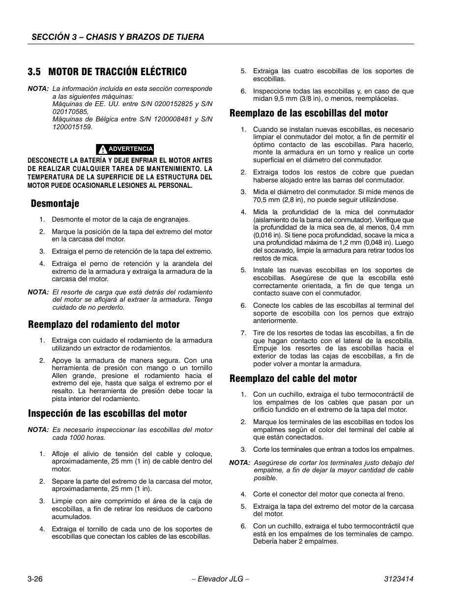 2heading - 3.5 motor de tracción eléctrico, 3heading - desmontaje, 3heading - reemplazo del rodamiento del motor | 3heading - inspección de las escobillas del motor, 3heading - reemplazo de las escobillas del motor, 3heading - reemplazo del cable del motor, 5 motor de tracción eléctrico, Desmontaje, Reemplazo del rodamiento del motor, Inspección de las escobillas del motor | JLG 3246ES Service Manual User Manual | Page 62 / 216