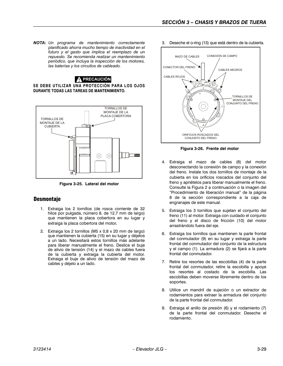 Figureno - figura 3-25. lateral del motor, 3heading - desmontaje, Figureno - figura 3-26. frente del motor | Desmontaje, Sección 3 – chasis y brazos de tijera | JLG 3246ES Service Manual User Manual | Page 65 / 216