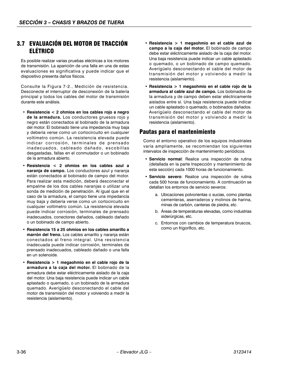3heading - pautas para el mantenimiento, 7 evaluación del motor de tracción elétrico, Pautas para el mantenimiento | JLG 3246ES Service Manual User Manual | Page 72 / 216