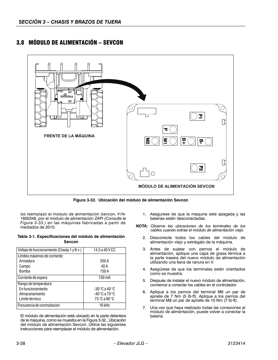 2heading - 3.8 módulo de alimentación – sevcon, Cellcenter - 14,5 a 40 v cc, Cellcenter | Cellcenter - 350 a, Cellcenter - 40 a, Cellcenter - 150 a, Cellcenter - 150 ma, Cellcenter °c a 40 °c, Cellcenter °c a 70 °c, Cellcenter - 75 °c a 90 °c | JLG 3246ES Service Manual User Manual | Page 74 / 216