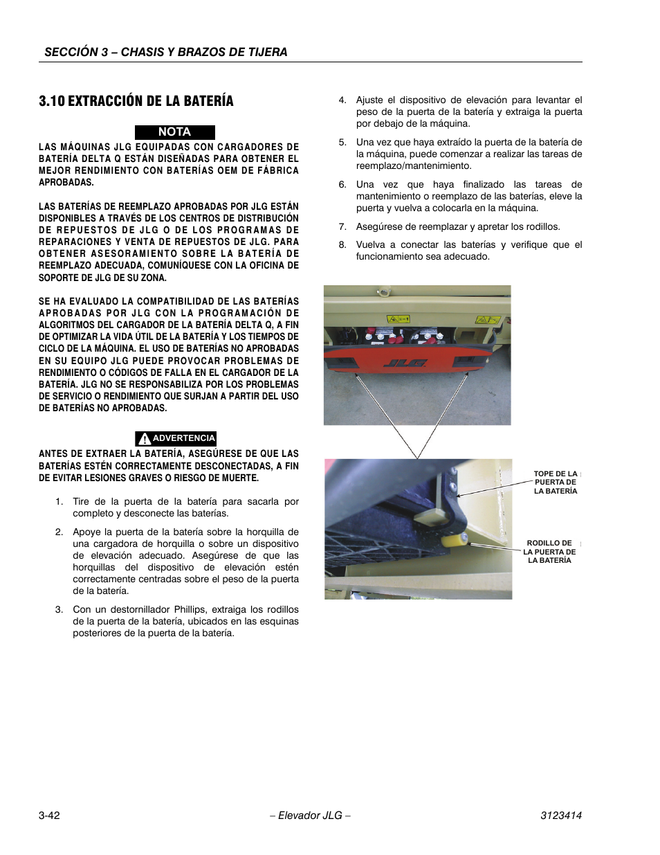 2heading - 3.10 extracción de la batería, 10 extracción de la batería, Sección 3 – chasis y brazos de tijera | Nota | JLG 3246ES Service Manual User Manual | Page 78 / 216