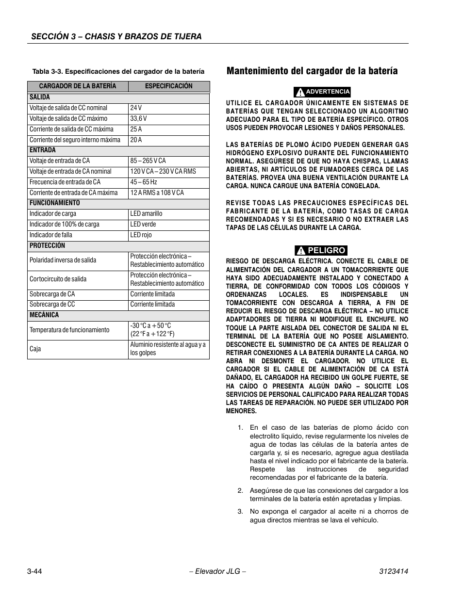 Mantenimiento del cargador de la batería | JLG 3246ES Service Manual User Manual | Page 80 / 216