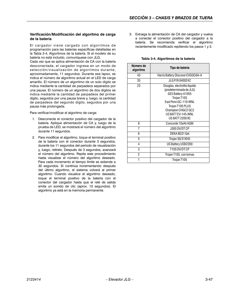 Tabletitle - tabla 3-4. algoritmos de la batería, Cellcenter - 43, Cellcenter - harris battery discover evggc6a-a | Cellcenter - 35, Cellcenter - jlg p/n 0400242, Cellcenter - 23, Cellcenter - ges battery a1055, Cellcenter - trojan t105, Cellcenter - east penn gc-110-wnl, Cellcenter - trojan t105 plus | JLG 3246ES Service Manual User Manual | Page 83 / 216