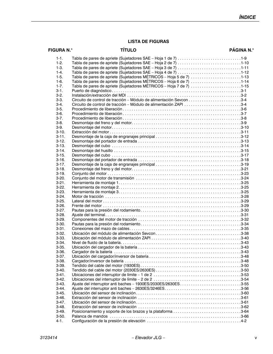 Figurenolof - 3-1. puerto de diagnóstico 3-1, Figurenolof - 3-5. procedimiento de liberación 3-6, Figurenolof - 3-6. procedimiento de liberación 3-7 | Figurenolof - 3-7. procedimiento de liberación 3-8, Figurenolof - 3-9. desmontaje del motor 3-10, Figurenolof - 3-10. extracción del motor 3-11, Figurenolof - 3-13. desmontaje del cubo 3-14, Figurenolof - 3-14. desmontaje del husillo 3-15, Figurenolof - 3-15. desmontaje del cubo 3-17, Figurenolof - 3-19. conjunto del motor 3-23 | JLG 3246ES Service Manual User Manual | Page 9 / 216