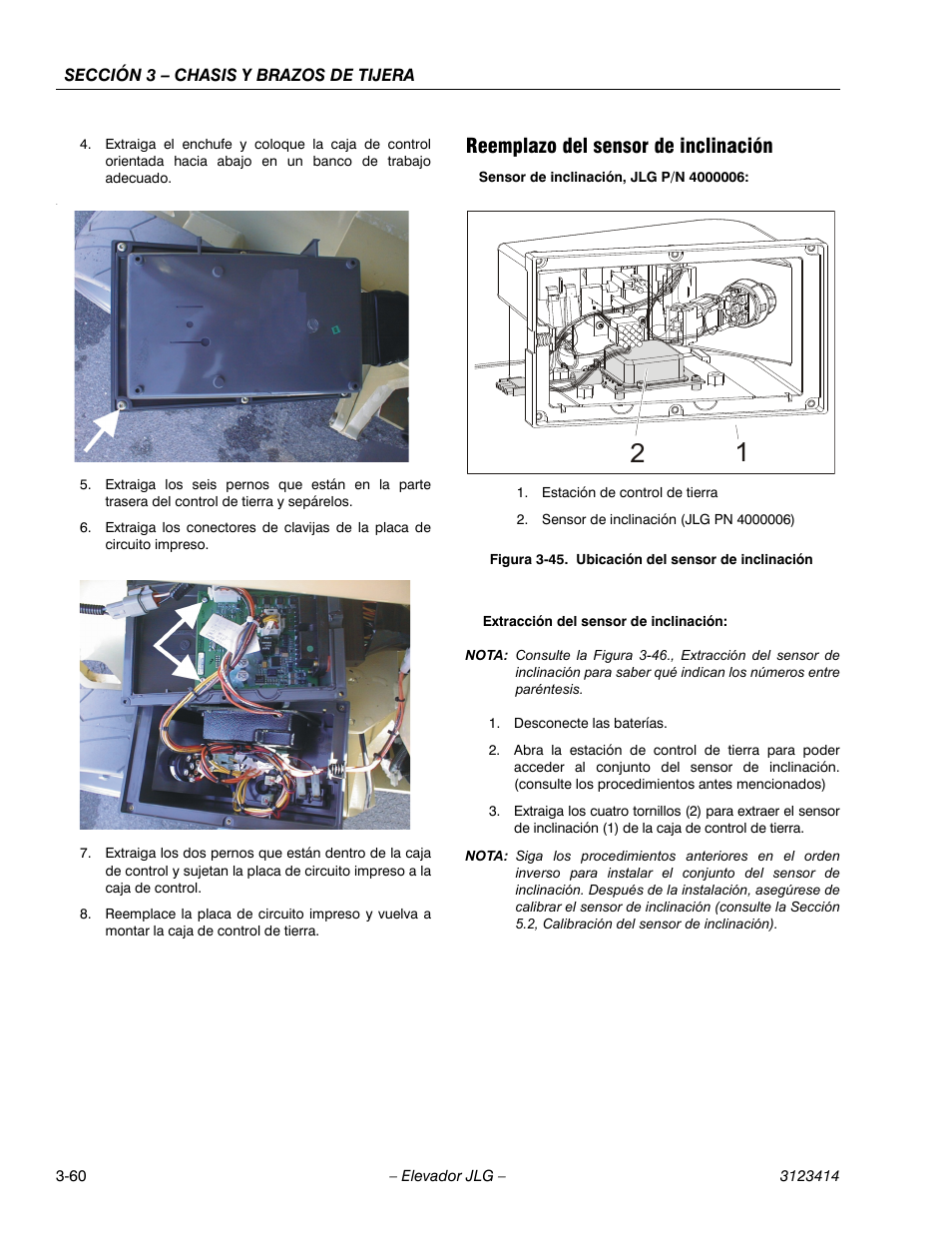 3heading - reemplazo del sensor de inclinación, Reemplazo del sensor de inclinación | JLG 3246ES Service Manual User Manual | Page 96 / 216