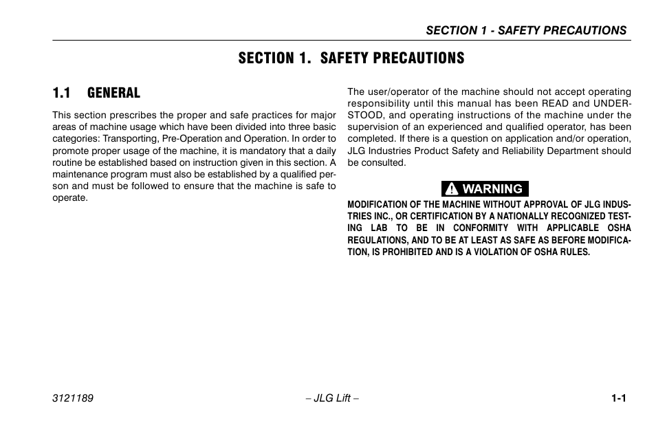 Section 1. safety precautions, 1 general, Section - 1 - safety precautions | 1 general -1 | JLG 19AMI Operator Manual User Manual | Page 11 / 68