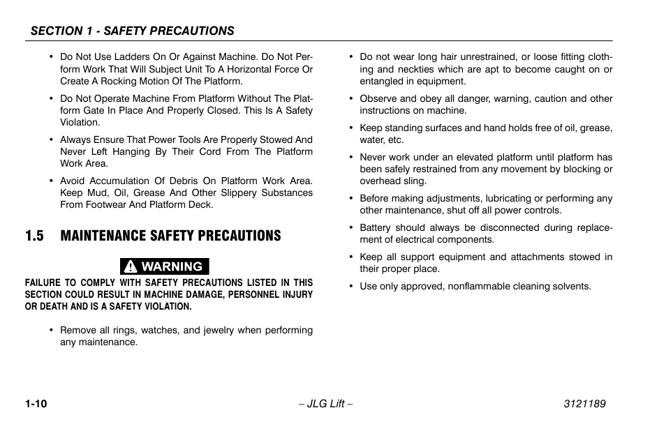 5 maintenance safety precautions, 5 maintenance safety precautions -10 | JLG 19AMI Operator Manual User Manual | Page 20 / 68