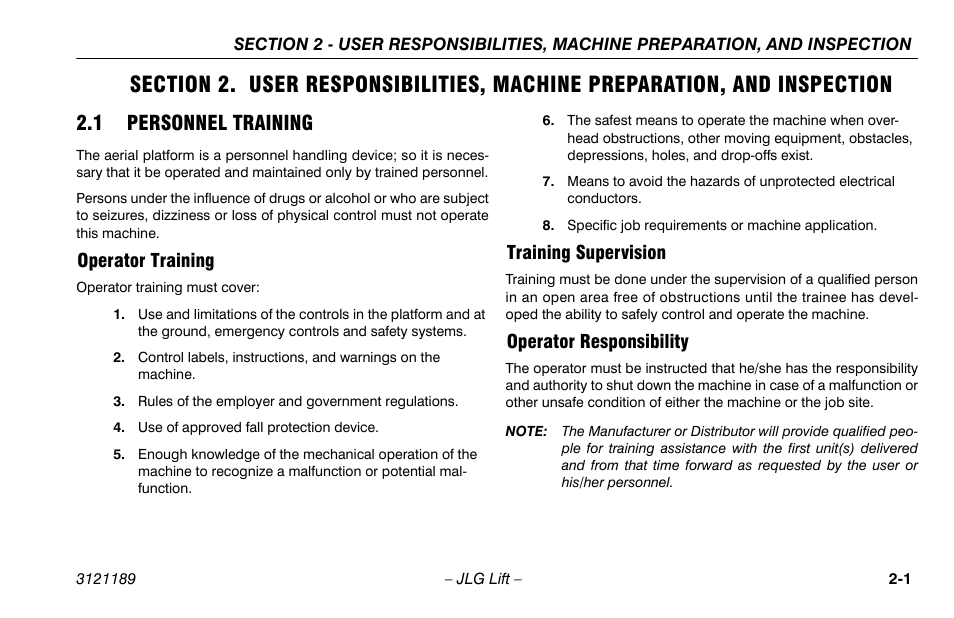 1 personnel training, Operator training, Training supervision | Operator responsibility, 1 personnel training -1 | JLG 19AMI Operator Manual User Manual | Page 21 / 68
