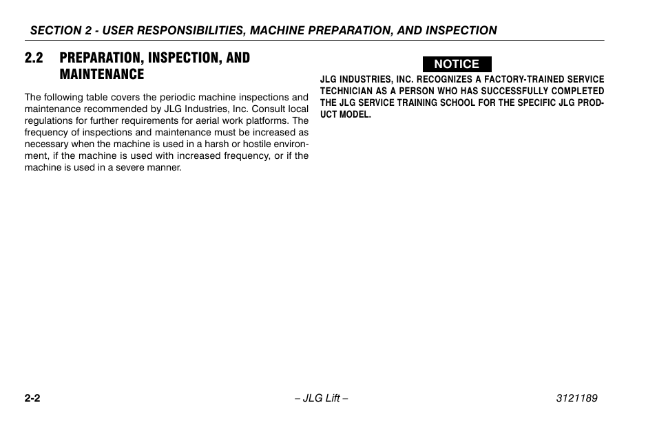 2 preparation, inspection, and maintenance, 2 preparation, inspection, and maintenance. 2-2 | JLG 19AMI Operator Manual User Manual | Page 22 / 68