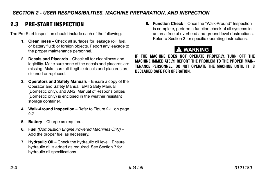 3 pre-start inspection, 3 pre-start inspection -4 | JLG 19AMI Operator Manual User Manual | Page 24 / 68