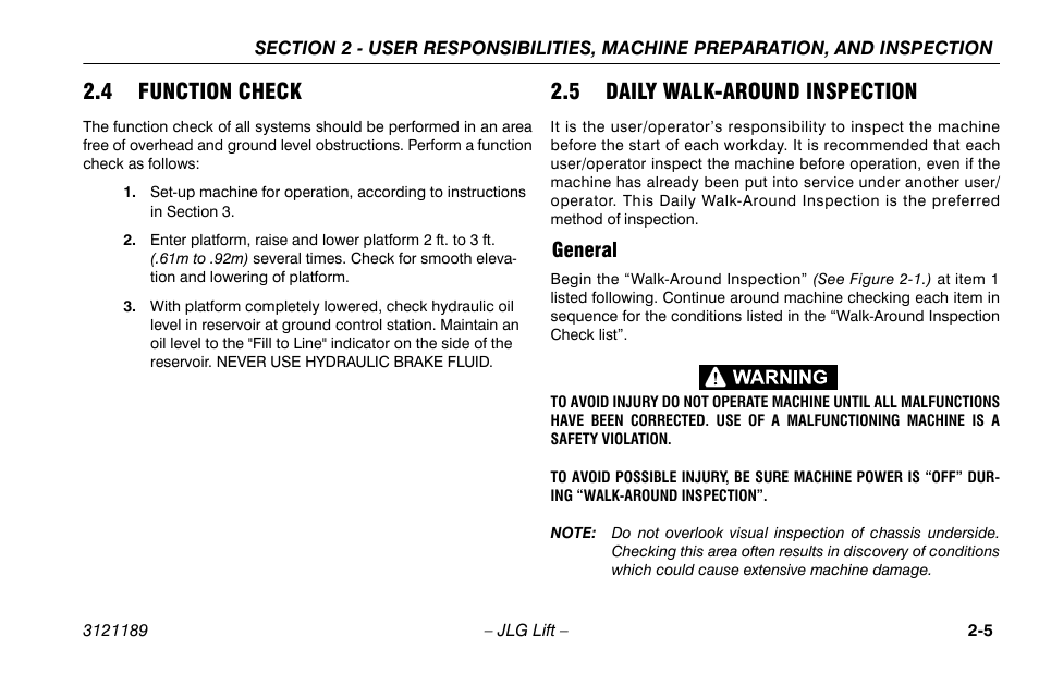 4 function check, 5 daily walk-around inspection, General | General -5 | JLG 19AMI Operator Manual User Manual | Page 25 / 68