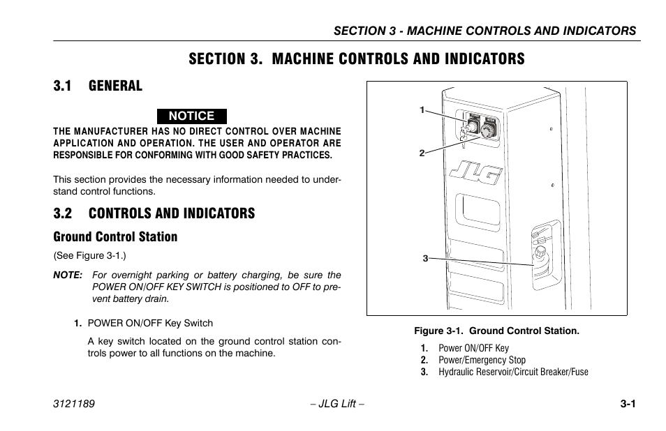 Section 3. machine controls and indicators, 1 general, 2 controls and indicators | Ground control station, Section - 3 - machine controls and indicators, 1 general -1 3.2 controls and indicators -1, Ground control station -1 | JLG 19AMI Operator Manual User Manual | Page 29 / 68