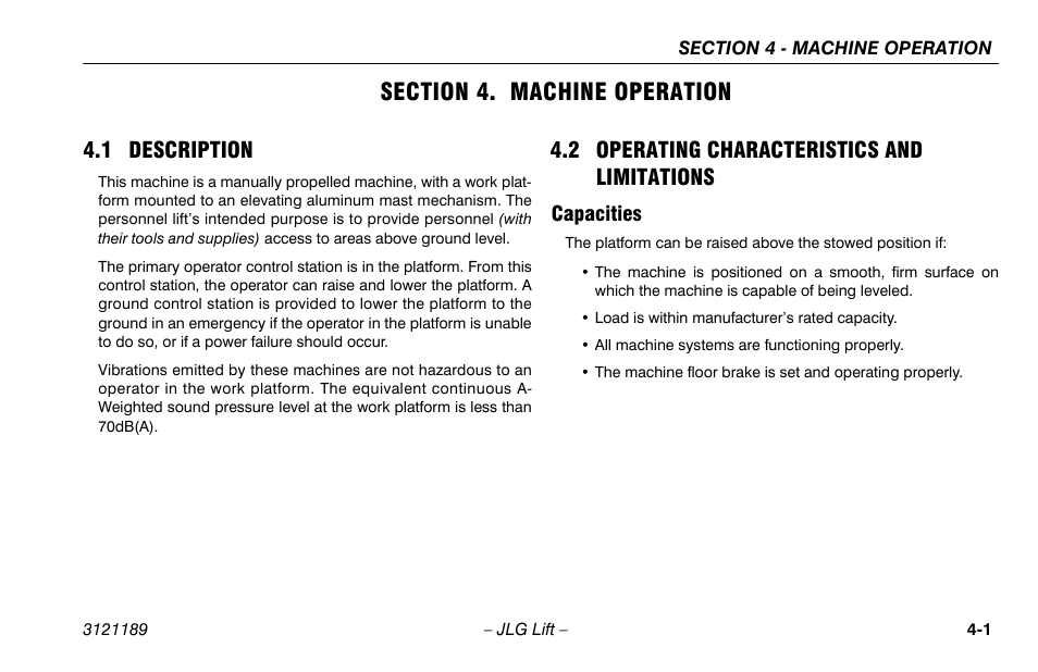 Section 4. machine operation, 1 description, 2 operating characteristics and limitations | Capacities, Section - 4 - machine operation, Capacities -1 | JLG 19AMI Operator Manual User Manual | Page 35 / 68