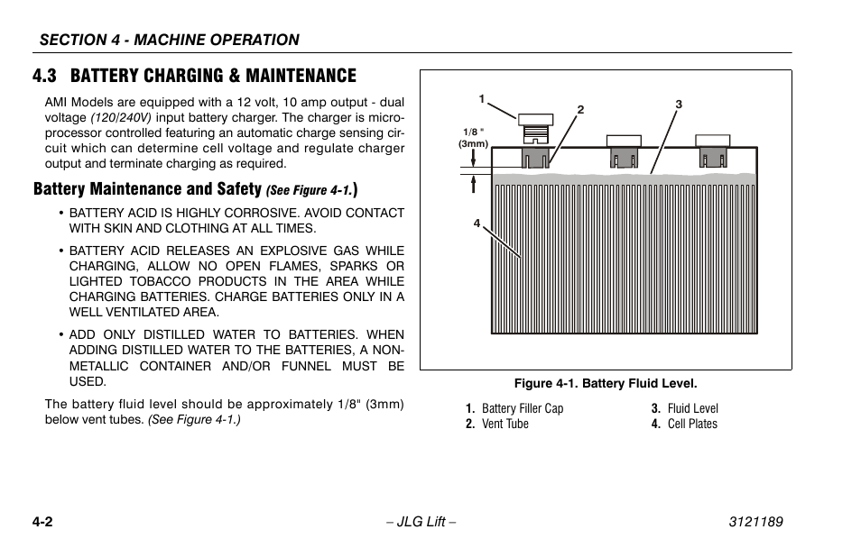 3 battery charging & maintenance, Battery maintenance and safety (see figure 4-1.), 3 battery charging & maintenance -2 | Battery maintenance and safety -2, Battery fluid level -2, Battery maintenance and safety | JLG 19AMI Operator Manual User Manual | Page 36 / 68