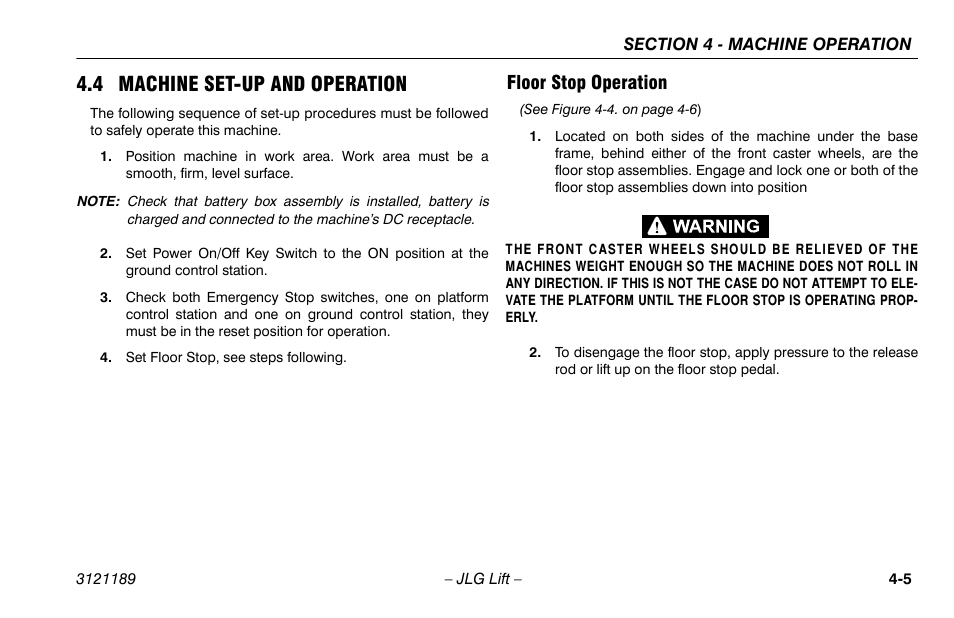 4 machine set-up and operation, Floor stop operation, 4 machine set-up and operation -5 | Floor stop operation -5 | JLG 19AMI Operator Manual User Manual | Page 39 / 68