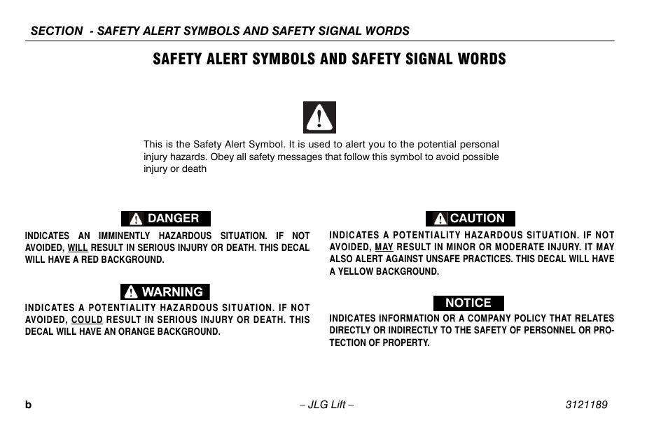 Safety alert symbols and safety signal words | JLG 19AMI Operator Manual User Manual | Page 4 / 68