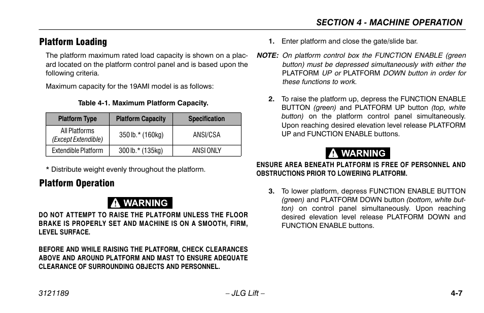 Platform loading, Platform operation, Platform loading -7 platform operation -7 | Maximum platform capacity -7 | JLG 19AMI Operator Manual User Manual | Page 41 / 68