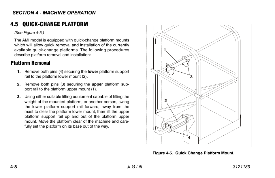 5 quick-change platform, Platform removal, 5 quick-change platform -8 | Platform removal -8, Quick change platform mount -8 | JLG 19AMI Operator Manual User Manual | Page 42 / 68