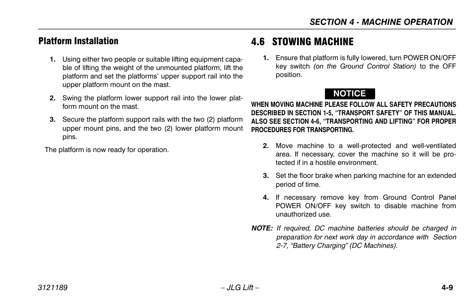 Platform installation, 6 stowing machine, Platform installation -9 | 6 stowing machine -9 | JLG 19AMI Operator Manual User Manual | Page 43 / 68