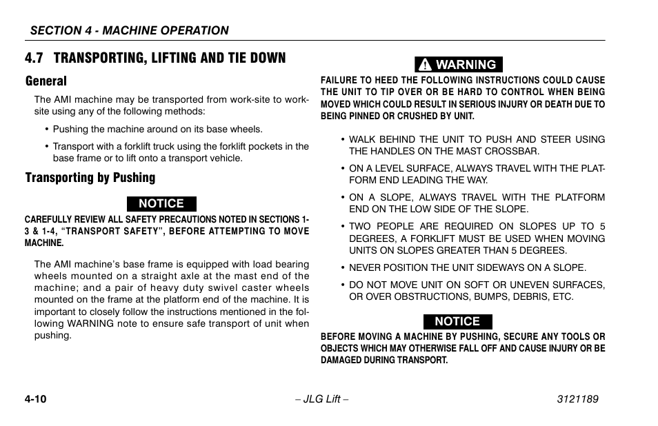 7 transporting, lifting and tie down, General, Transporting by pushing | 7 transporting, lifting and tie down -10, General -10 transporting by pushing -10 | JLG 19AMI Operator Manual User Manual | Page 44 / 68
