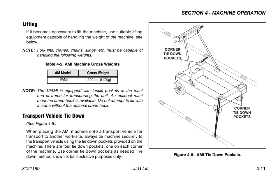 Lifting, Transport vehicle tie down, Lifting -11 transport vehicle tie down -11 | Ami tie down pockets -11, Ami machine gross weights -11 | JLG 19AMI Operator Manual User Manual | Page 45 / 68