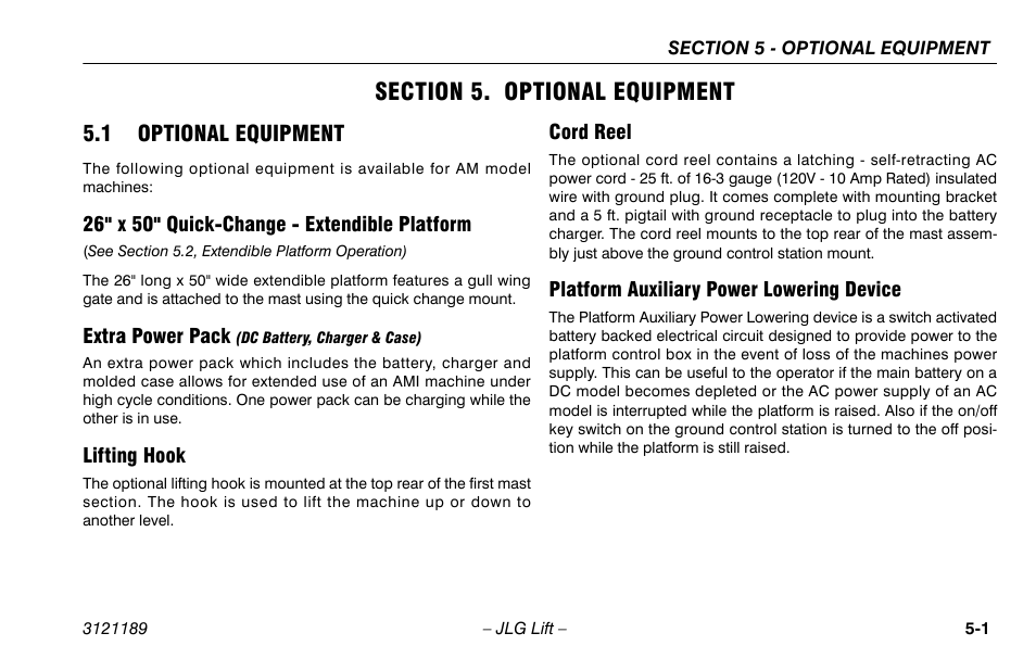 Section 5. optional equipment, 1 optional equipment, 26" x 50" quick-change - extendible platform | Extra power pack (dc battery, charger & case), Lifting hook, Cord reel, Platform auxiliary power lowering device, Section - 5 - optional equipment, 1 optional equipment -1 | JLG 19AMI Operator Manual User Manual | Page 47 / 68