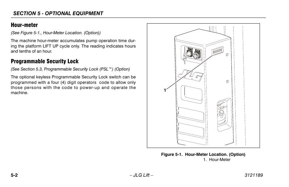 Hour-meter, Programmable security lock, Hourmeter -1 programmable security lock -2 | Hourmeter location. (option) -2 | JLG 19AMI Operator Manual User Manual | Page 48 / 68