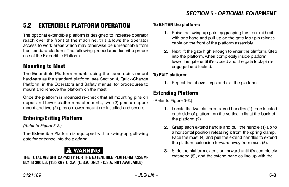 2 extendible platform operation, Mounting to mast, Entering/exiting platform | Extending platform, 2 extendible platform operation -3, Mounting to mast -3 entering/exiting platform -3, Extending platform -3 | JLG 19AMI Operator Manual User Manual | Page 49 / 68