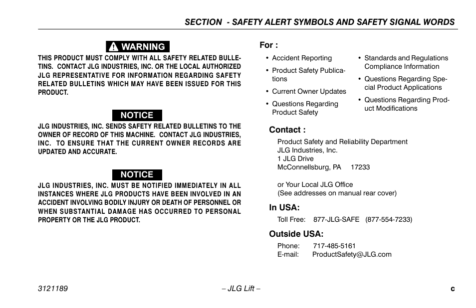 Contact, In usa, Outside usa | JLG 19AMI Operator Manual User Manual | Page 5 / 68