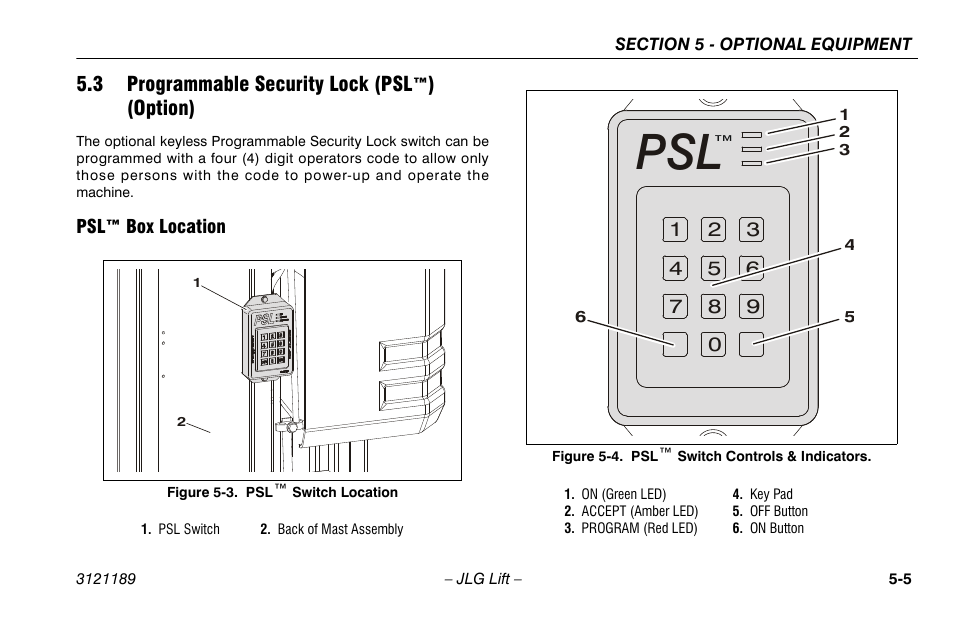 3 programmable security lock (psl™) (option), Psl™ box location, 3 progammable security lock (psl™)(option). 5-5 | Psl™ box location -5, Psl™ switch location -5, Psl™ switch controls & indicators -5 | JLG 19AMI Operator Manual User Manual | Page 51 / 68