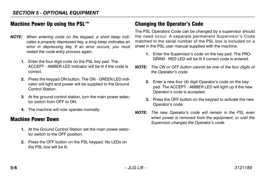 Machine power up using the psl, Machine power down, Changing the operator’s code | JLG 19AMI Operator Manual User Manual | Page 52 / 68