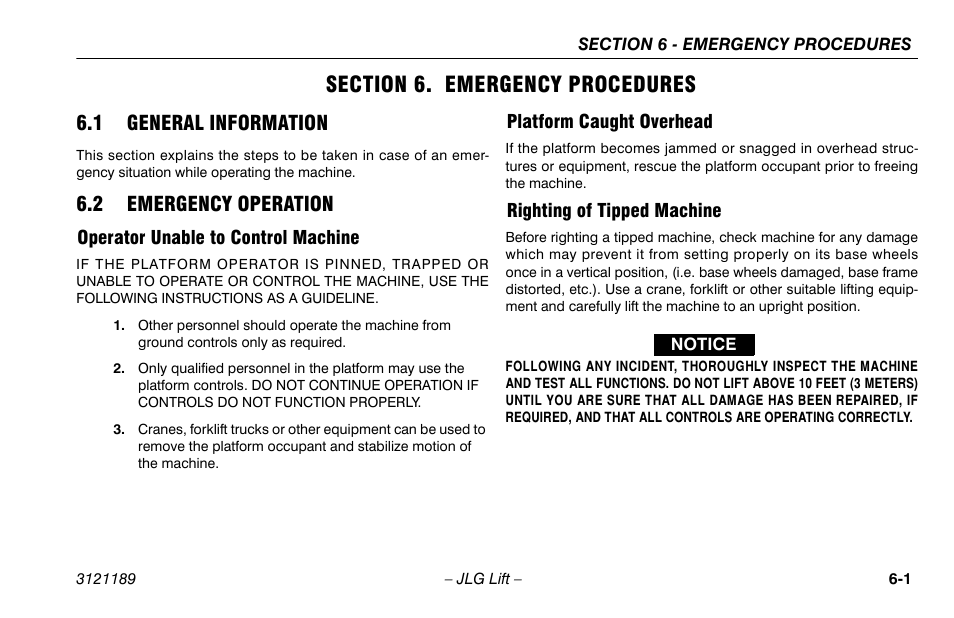 Section 6. emergency procedures, 1 general information, 2 emergency operation | Operator unable to control machine, Platform caught overhead, Righting of tipped machine, Section - 6 - emergency procedures | JLG 19AMI Operator Manual User Manual | Page 53 / 68
