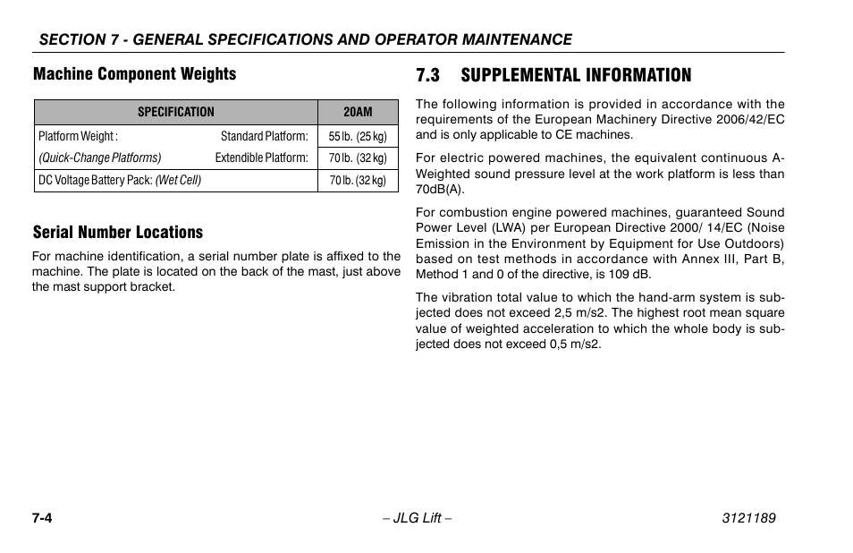 Machine component weights, Serial number locations, 3 supplemental information | JLG 19AMI Operator Manual User Manual | Page 58 / 68