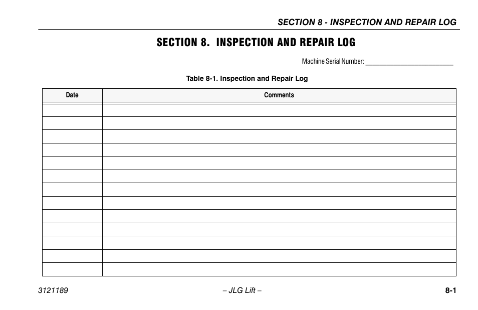 Section 8. inspection and repair log, Section - 8 - inspection and repair log, Inspection and repair log -1 | JLG 19AMI Operator Manual User Manual | Page 63 / 68